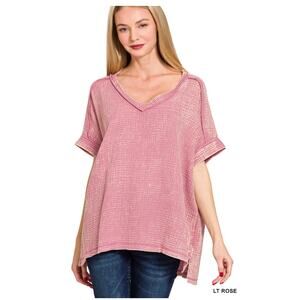 Zenana - Acid Washed Double Gauze V-Neck Cuffed Short Sleeve Top - Large